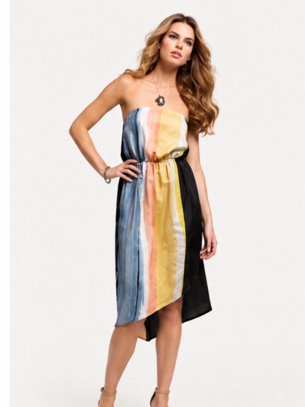 Hype Strapless Vertical Stripe Dress in Pastel & Black - 100% Silk